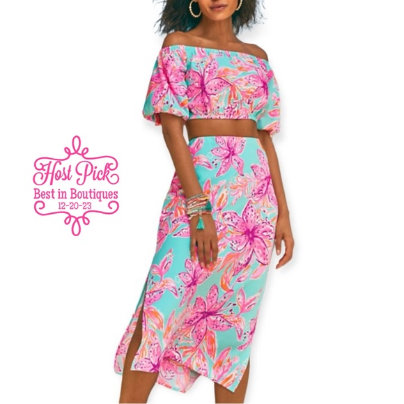 Lilly Pulitzer Dresses & Skirts - LILLY PULITZER Esmeray Set Surf Blue Bonita Blooms Skirt Puff Sleeve Crop Top